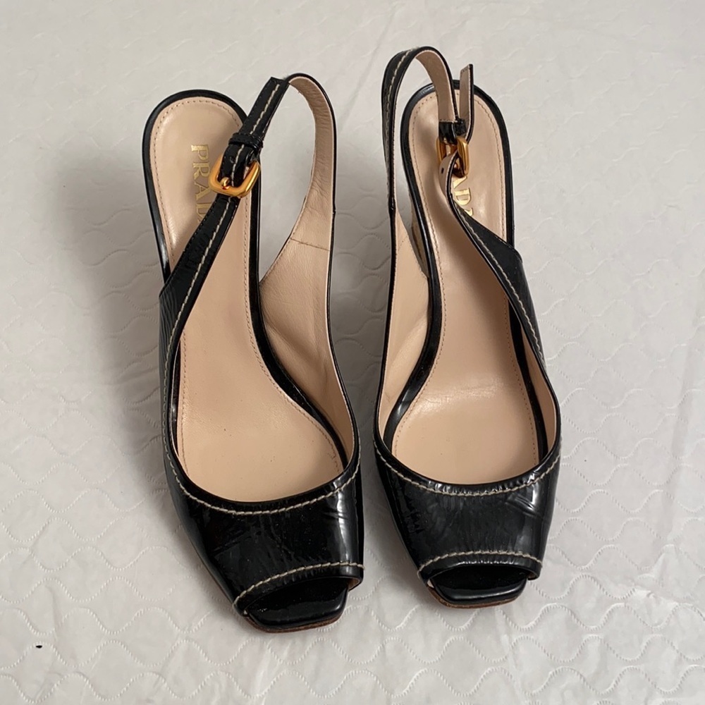 Prada open toe patent leather espadrille wedges